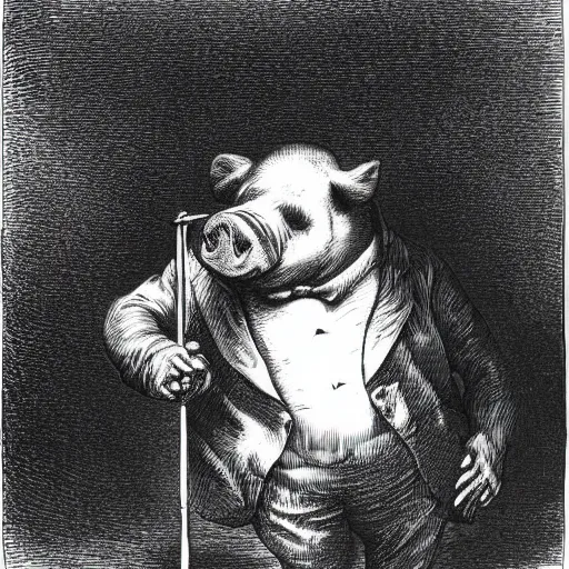 Prompt: a gentleman pig in a tuxedo, creepy, chiaroscuro, illustration by Gustave Doré,