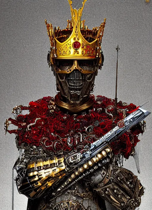 Prompt: portrait of king arthur knight cyborg with a golden crown with red gemstones, studio portrait against a black background, modern fine art, fractal, intricate, elegant, highly detailed, digital photography, subsurface scattering, in the style of ghost, by jheronimus bosch and yue minjun and giger and greg rutkowski,