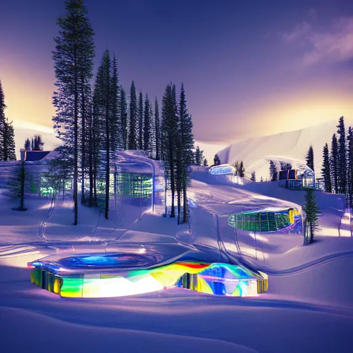 Image similar to : psychedelic ski resort, luxury, modern architectural plans hyper - realistic, detailed, render by c 4 d octane, unreal engine, 8 k 3 d render ray traceing