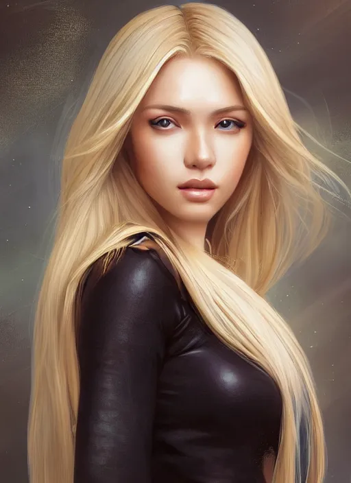 Image similar to photo of a gorgeous female with long blonde hair in the style of stefan kostic, realistic, full body shot, wide angle, sharp focus, 8 k high definition, insanely detailed, intricate, elegant, art by stanley lau and artgerm, floating embers