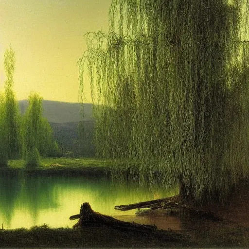 Image similar to oil painting of a willow tree next to a river by albert bierstadt, beautiful lighting - h 7 0 4