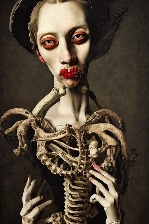 Image similar to Detailed maximalist portrait with large lips and with large, wide eyes, sad expression, extra bones, flesh, HD mixed media, 3D collage, highly detailed and intricate, surreal, illustration in the style of Caravaggio, dark art, baroque