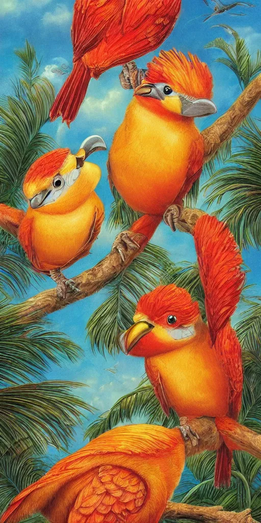 Image similar to greeting card, love, 2 beautiful tropical birds, by greg simkins, warm colors, cozy