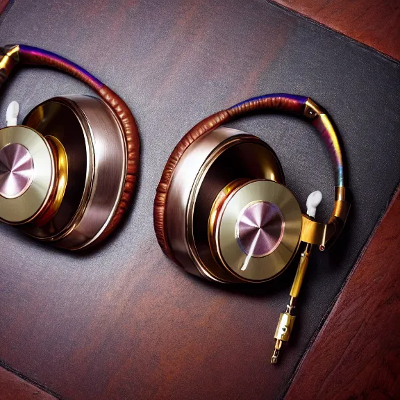 Image similar to masterpiece photo of beautiful crafted artistic bismuth metal headphones, bismuth rainbow metal, bismuth cups, leather padding, displayed on mahogany desk, modernist headphones, bismuth headphones beautiful well designed, hyperrealistic, audiophile, intricate hyper detail, extreme high quality, photographic, meze audio, sennheiser, hifiman, artstation