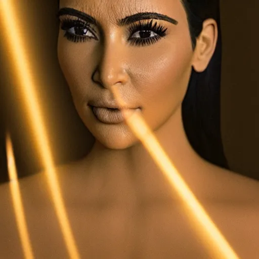 Prompt: kim kardashian faces eternal wisdom through rays of thought, cinematic lighting, dramatic, low contrast