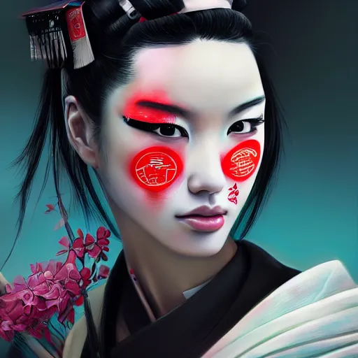 Image similar to portrait of beautiful japan cyberpunk geisha, by artgerm, nick silva, ja mong, greg rutkowsky, digital, soft painting, photorealism, skin reflections