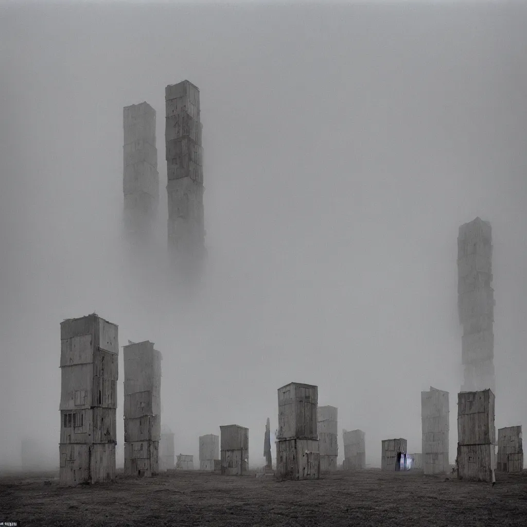 Prompt: two towers, made up of makeshift squatter shacks with pastel colours, misty, dystopia, mamiya rb 6 7, fully frontal view, very detailed, photographed by trent parke