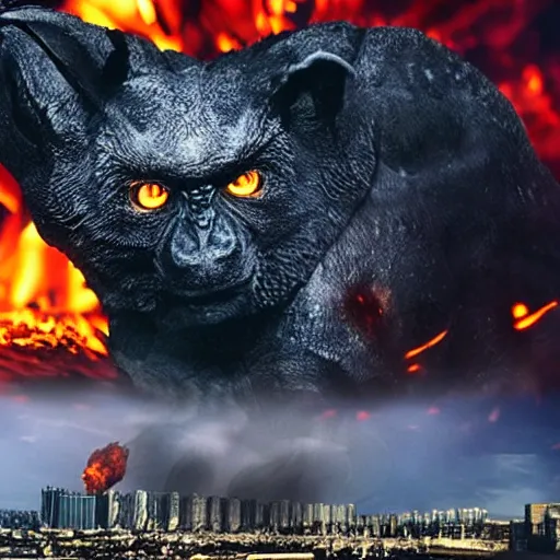 Prompt: Dark powerful creature all on fire with only one eye, destroying city, realistic photo, high detailed