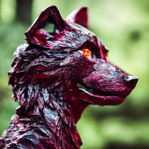 Image similar to portrait photography of a ruby wolf sculpture