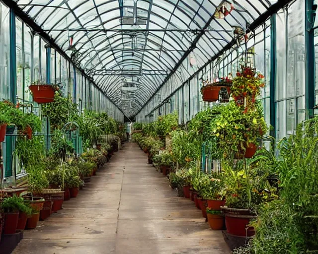 Prompt: Victorian greenhouse corridor decorated with potted plants, hyper-realism