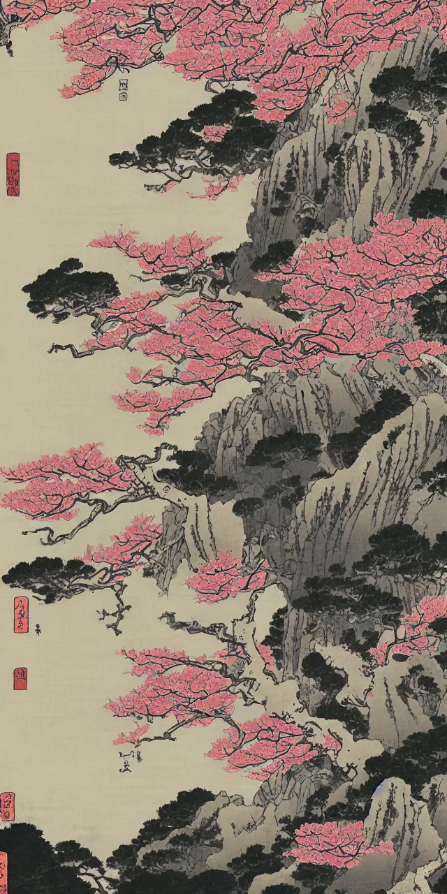 Image similar to sakuras, taoist monks and temples in huangshan, artwork by katsushika hokusai and utagawa hiroshige