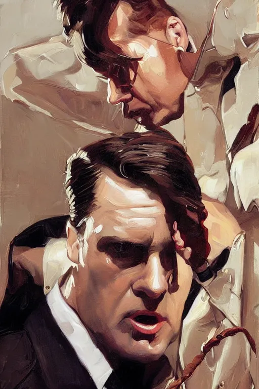 Image similar to michael scott fighting dwight schrute, painting by jc leyendecker!! phil hale!, angular, brush strokes, painterly, vintage, crisp