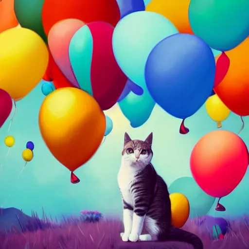 Image similar to a cat on top of a hill under a bunch of balloons, digital art by RHADS, shutterstock contest winner, digital art, behance hd, photoillustration, whimsical