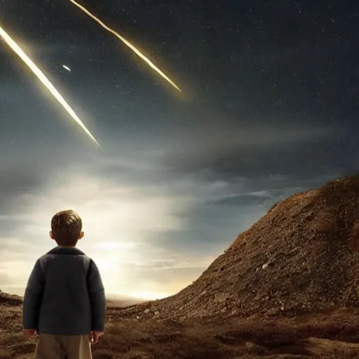 Prompt: a boy look to sky saw a huge meteor approach to earth, cinematic, hollywood standard, a film directed by christopher nolan