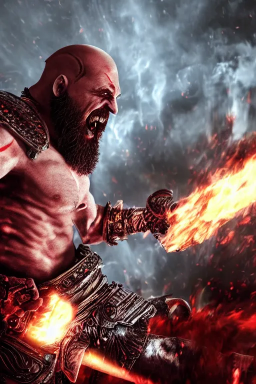 Prompt: screaming armored kratos rocking out on a flaming stratocaster guitar, cinematic render, god of war 2 0 1 8, playstation studios official media, lightning, flames, red facial stripe, red facial stripe, clear, coherent