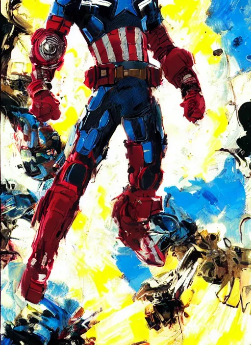 Image similar to marvel mcu captain america strange, wearing futuristic cybernetic battle armor, by ashley wood, yoji shinkawa, jamie hewlett, 6 0's french movie poster, french impressionism, vivid colors, palette knife and brush strokes, dutch angle