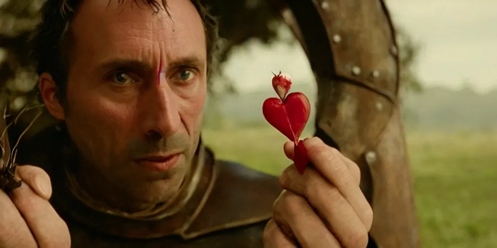 Image similar to film still of closeup the knight holds a bleeding heart in his hand by emmanuel lubezki