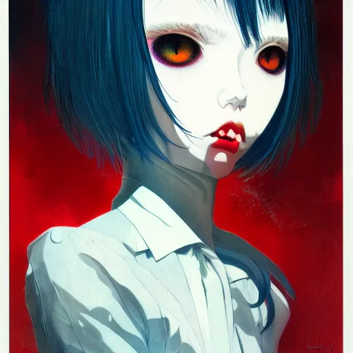 Image similar to prompt : vampire character portrait soft light painted by james jean and katsuhiro otomo and erik jones, inspired by evangeleon anime, smooth face feature, intricate oil painting, high detail illustration, sharp high detail, manga and anime 1 9 9 9