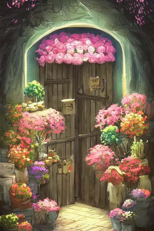 Image similar to a little flower shop's front gate, fresh, digital illustration, dramatic lighting, pixiv