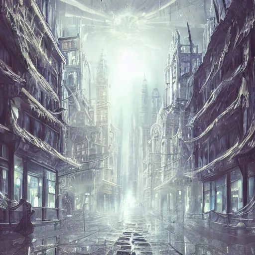 Prompt: Atmospheric city made of crystal, low angle photo, glistening, dazzling, highly detailed, extreme quality, dramatic lighting, trending on artstation, by a famous photographer, bright, ethereal