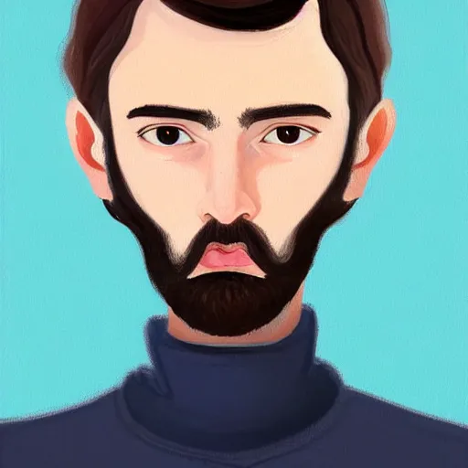 Prompt: gangly man with short dark blond wavy hair, dark blond beard, small chin, rectangular face, thin lips, English heritage, small blue eyes, middle aged, wearing a turtleneck and jacket, pale skin, narrow face, digital art, painterly, cartoon, cute, 8k, illustration, art by loish, painterly, trending on artstation, medium shot, uncropped