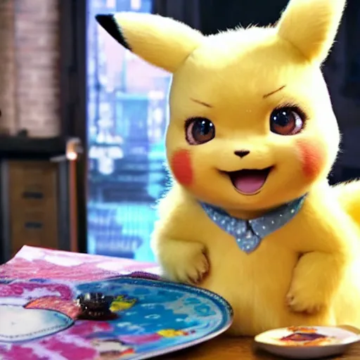 Image similar to Dolly Parton with a plate of Detective Pikachu