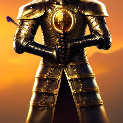 Image similar to a highly detailed knight with glowing purple eyes in a T golden helmet and a golden crown with a blue diamond in the center, golden armor, leather clothes under the armor, leather gloves, holds a black sword, artstation, DeviantArt, professional, octane render, sunset lighting