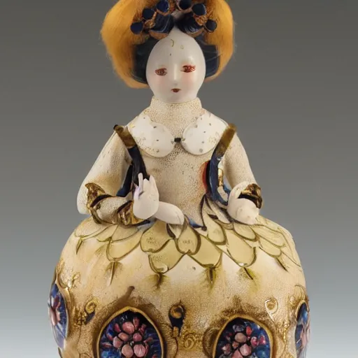 Prompt: ball-jointed doll, porcelain with golden intricate details, dark background