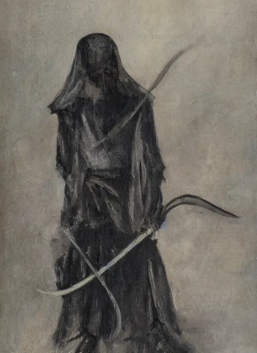 Prompt: death dressed in black and with a scythe