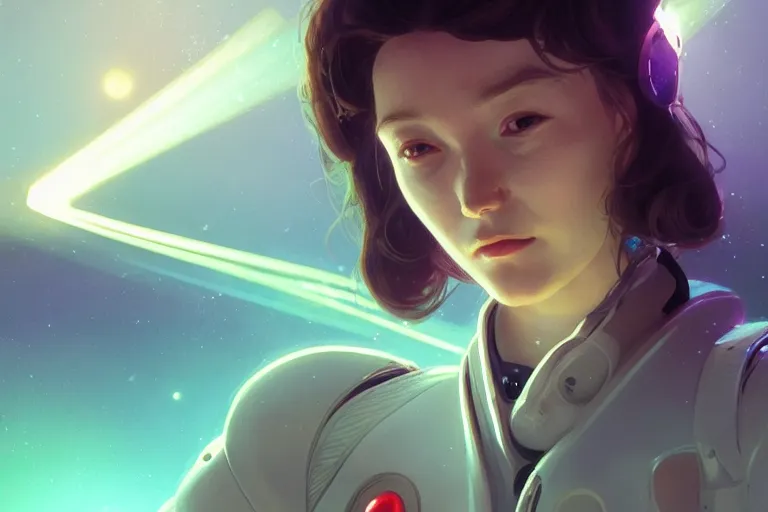 Prompt: semirialistic portrait girl in the spacesuit, volumetric lighting, glowing lights, 4k, octane renderer, digital painting, artstation, concept art, sharp focus, illustration, art by artgerm and greg rutkowski and alphonse mucha, makoto shinkai, pastel palette, daily deviation