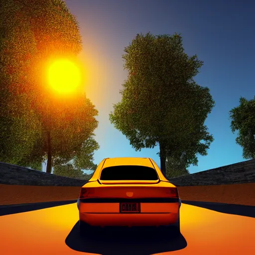 Prompt: a car is flying in front of a bright orange sun, a raytraced image by Mārtiņš Krūmiņš