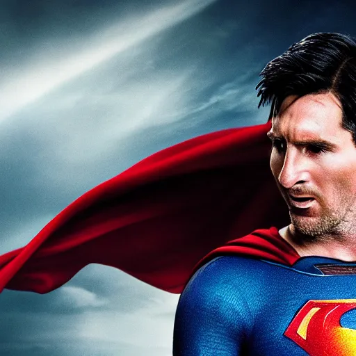 Image similar to lionel messi as superman in man of steel, 8 k resolution, cinematic lighting, anatomically correct