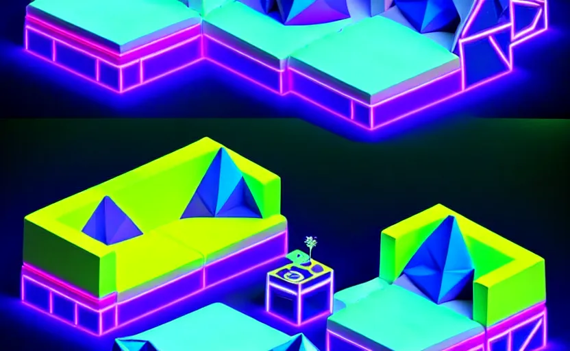 Image similar to isometric object is a low poly isometric sofa with alien aesthetic inspired by pandora in the avatar movie, it has bioluminescent plants growing on top of it, beautiful neon orange - yellow with blue hints and it's bedecked with some sparkling crystals all over the place. black background, night isometric artstation neon. behance, pinterest