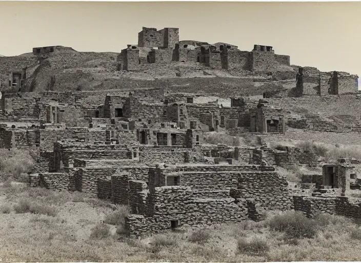 Image similar to Antique photograph of pueblo ruins on a towering Mesa showing terraced gardens in the foreground, albumen silver print, Smithsonian American Art Museum