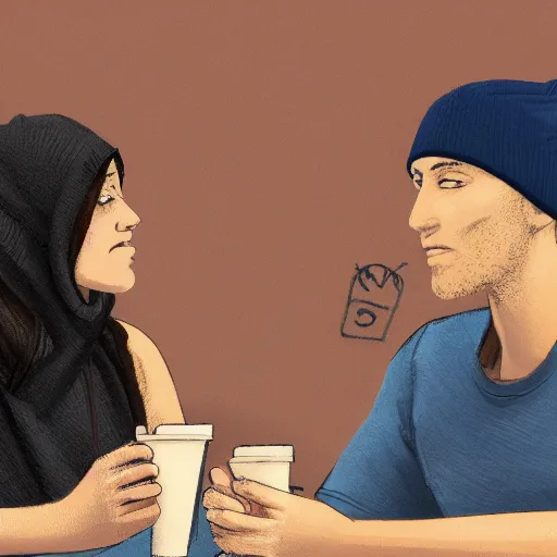 Image similar to hot girls sitting at starbucks being drawn by creepy guy in beanie, 8 k resolution, cinematic lighting, anatomically correct