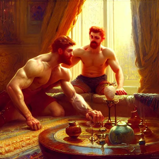 Image similar to attractive muscular mike with ginger hair with attractive tyler with brunet hair, drinking their hearts out, in their noble mansion. image defined to the maximum, highly detailed painting by gaston bussiere, craig mullins 8 k
