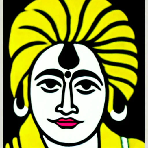 Prompt: indian god and politician, sticker in style of roy lichtenstein, plain black background, dye cut sticker