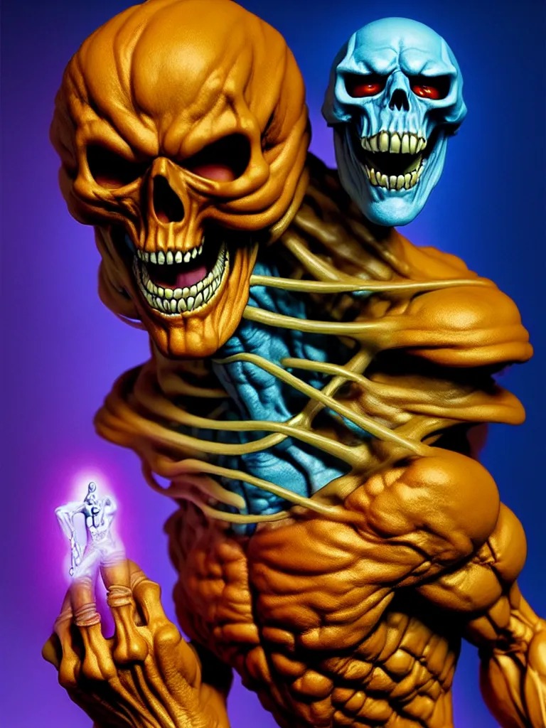 Image similar to hyperrealistic rendering, skeletor by art of skinner and richard corben and jeff easley, product photography, action figure, sofubi, studio lighting, colored gels