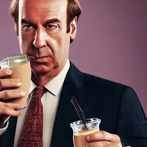 Image similar to Saul Goodman drinking Dr Pepper, photorealistic, 4K