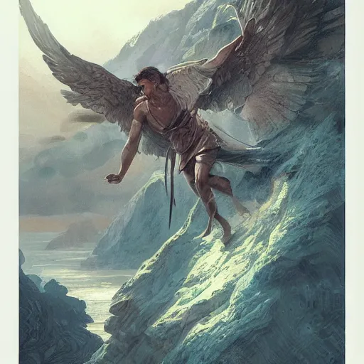 Image similar to angel protecting man falling from a cliff, detailed intricate ink illustration, happy atmosphere, detailed illustration, hd, 4k, digital art, overdetailed art, by greg rutkowski, by loish, complementing colors, Trending on artstation, movie poster style