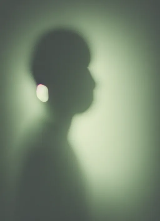Image similar to human silhouette, large diffused glowing aura, long exposure, film grain, cinematic lighting, experimental portrait photography