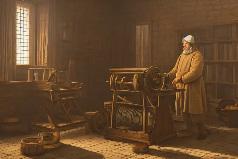 Image similar to still photo of johannes gutenberg inventing the printing press, highly detailed, photorealistic shot, bright studio setting, studio lighting, crisp quality and light reflections, unreal engine 5 quality render