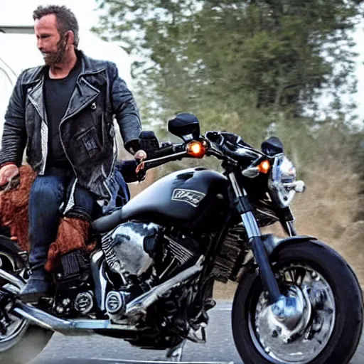 Prompt: VFX movie of Mark Zuckerbeg plays Terminator, rides a Harley motorobike, action scene be Emmanuel Lubezki