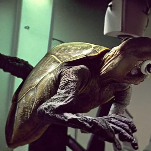 Prompt: foto of turtle in op room, frankenstein reanimating turtle, 4 k