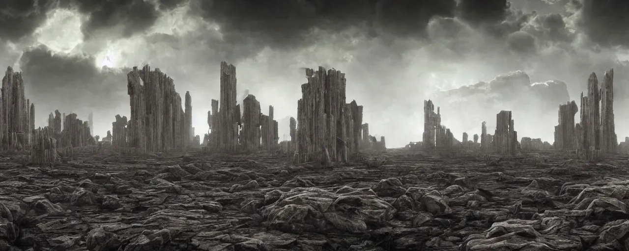 Prompt: a large ominous and geometric ruins of an alien civilization built on a barren dry land with an epic cloud formation on the background by HR GIger, Dariusz Zawadzki, Neil blevins, Feng Zhu, gustave doré, zhuoxin ye, very detailed, octane render, 8k, oranate and brooding, scary and dark, canon 24mm lens