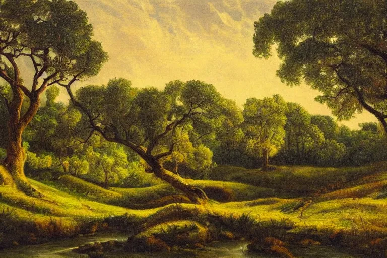 Prompt: masterpiece painting of oak trees on a hillside overlooking a creek, dramatic lighting, by franklin carmichael