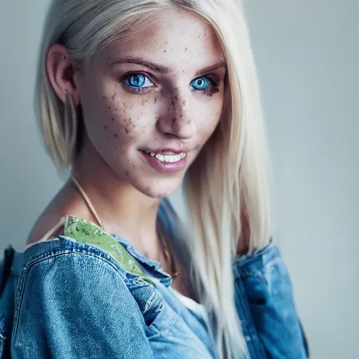 Image similar to Portrait photography of a Blonde Girl, Young Beautiful Face, Green Eyes, Freckles, Wearing a white crop-top and jeans, with a subtle smile, Charming, DSLR, cinematic lighting
