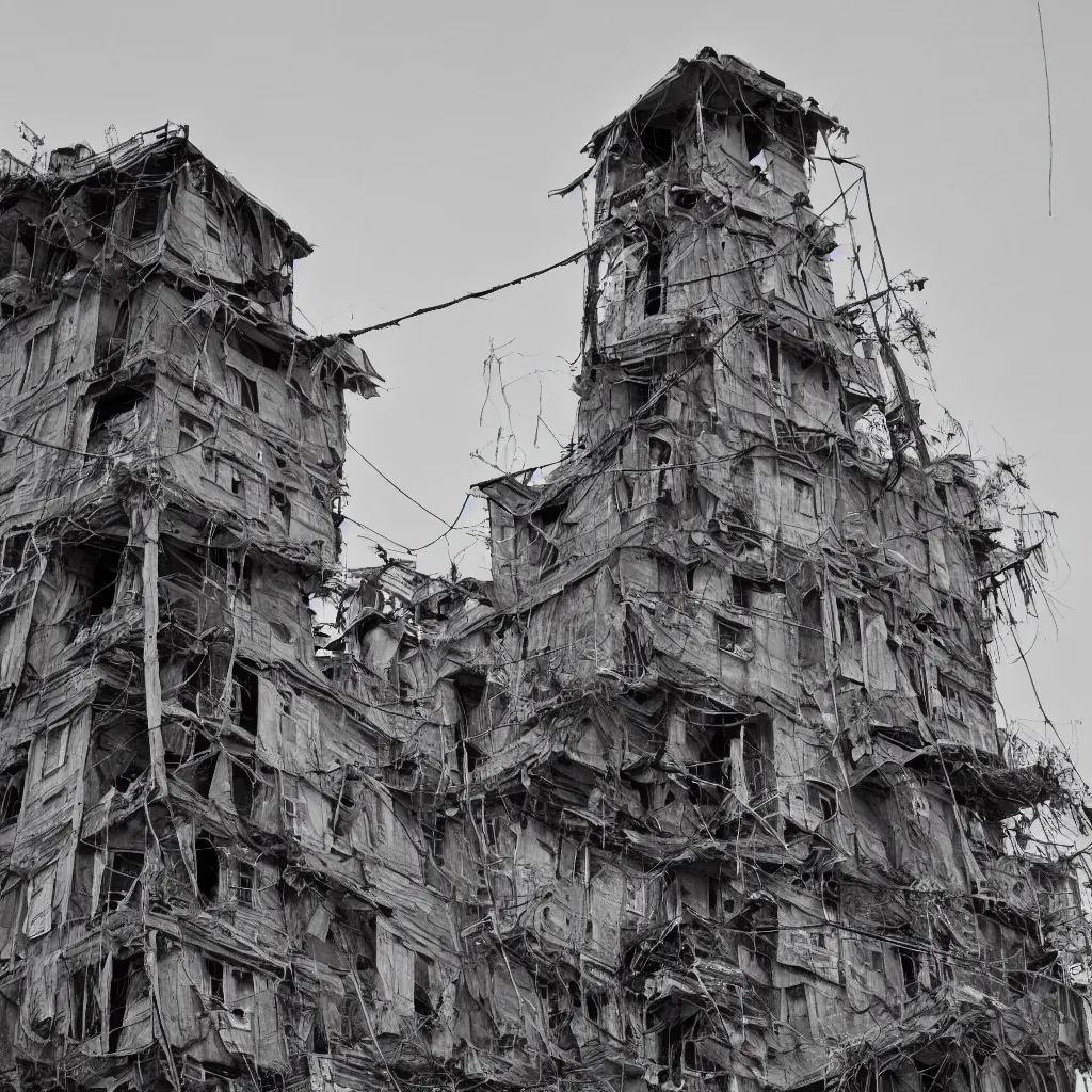 Prompt: close - up view of a large tower made up of suspended makeshift squatter shacks, faded colours, neutral sky, dystopia, soft light, hasselblad x 1 d, very detailed, ultra sharp, photographed by ansel adams