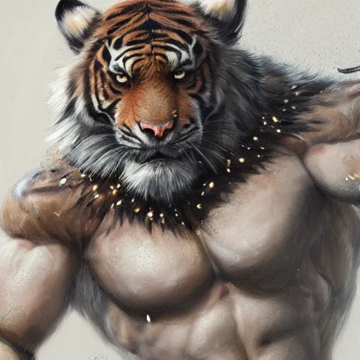 Prompt: aesthetic commission portrait of a muscular furry anthro tiger,holding a pistol,detailed face,hyperdetailed,photorealistic,art by ross tran,artgerm,character design by charles bowater,deviantart,artstation,dramatic