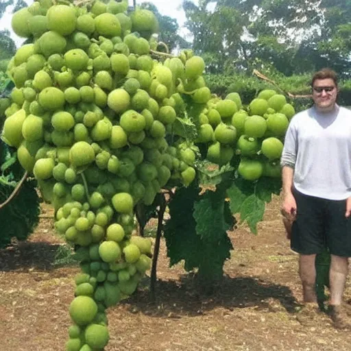 Prompt: the world's biggest grape with a person next to it to show its scale.